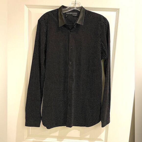 EUC The Kooples Fitted Button down Blouse Leather collar Sz. M polka dots - Picture 1 of 6